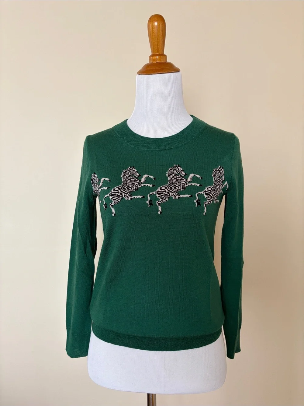 J. Crew Forest Green Merino Crewneck Sweater with Zebra Horse Motif